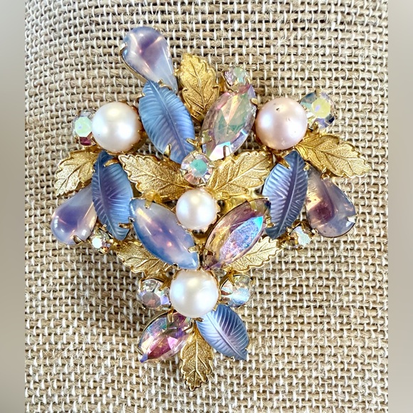 Kramer Jewelry - Vintage Floral Brooch, Attributed to Kramer, Gold Tone w/Glass & AB Rhinestone